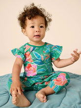 Load image into Gallery viewer, Tea Collection Ruffle Sleeve Pocket Romper - Tropical Gardenias
