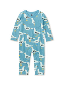 Tea Collection Long Sleeve Pocket Baby Romper - Squabble of Seagulls