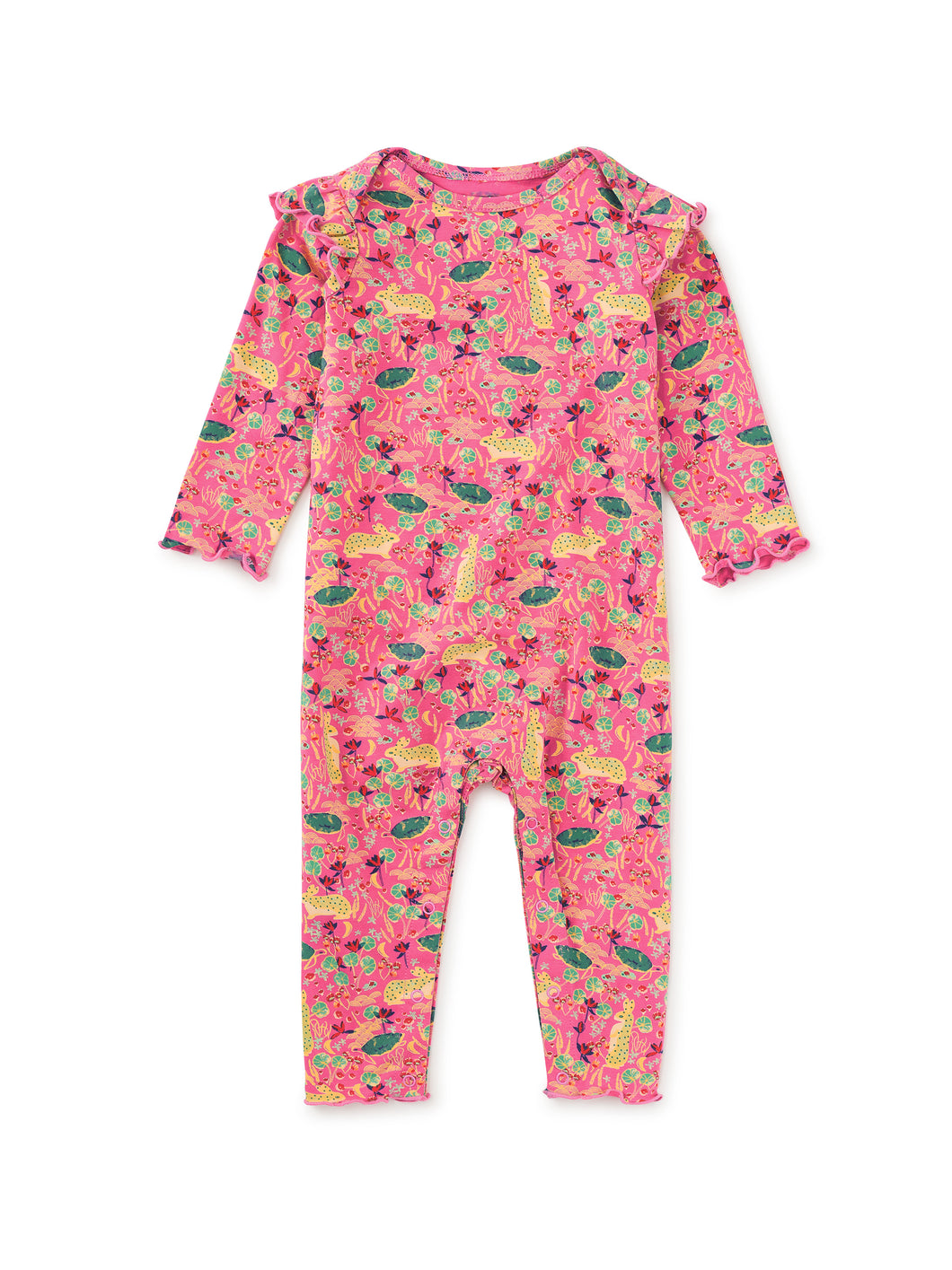 Tea Collection Ruffle Shoulder Baby Romper - Rabbit & Turtle Folktale
