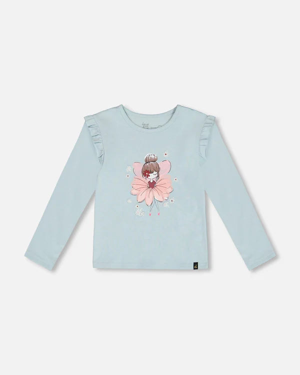 Deux Par Deux Frilled Long Sleeve T-Shirt - Light Blue