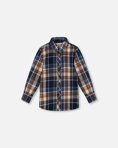 Deux Par Deux Long Sleeve Button Down Shirt - Blue & Hazel Plaid