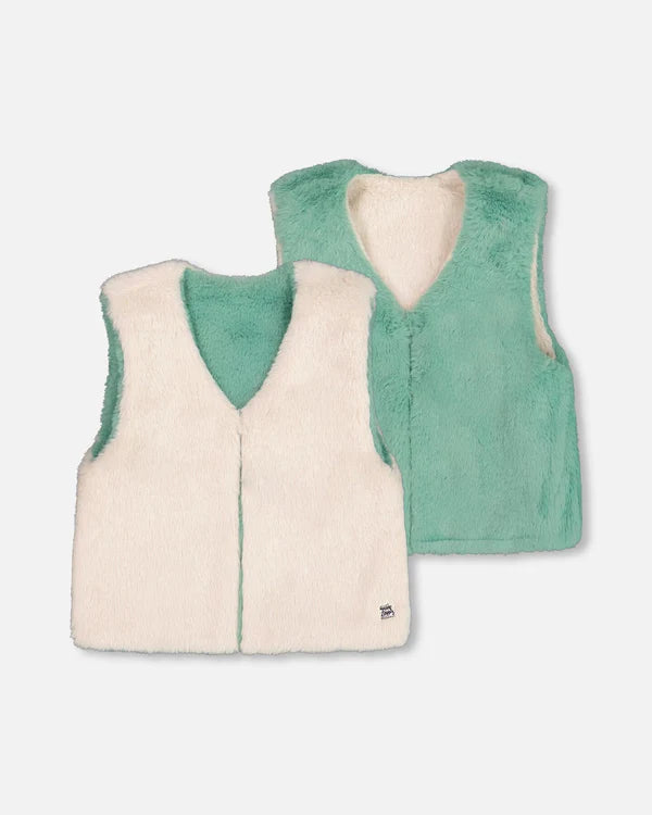Deux Par Deux Reversible Faux Fur Vest - Off White/Sage Green