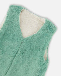 Deux Par Deux Reversible Faux Fur Vest - Off White/Sage Green