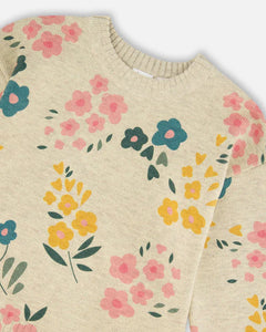 Deux Par Deux Floral Knitted Sweater - Oatmeal