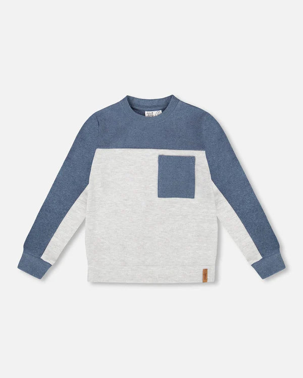Deux Par Deux Long Sleeve Colorblock Top - Heather Grey/Navy Blue