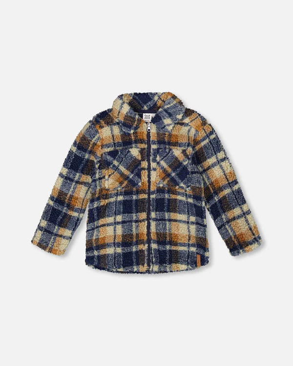 Deux Par Deux Zipped Sherpa Overshirt - Navy & Brown Plaid
