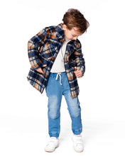 Load image into Gallery viewer, Deux Par Deux Zipped Sherpa Overshirt - Navy &amp; Brown Plaid
