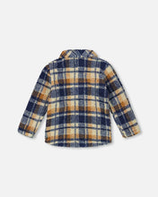 Load image into Gallery viewer, Deux Par Deux Zipped Sherpa Overshirt - Navy &amp; Brown Plaid
