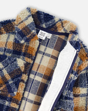 Load image into Gallery viewer, Deux Par Deux Zipped Sherpa Overshirt - Navy &amp; Brown Plaid
