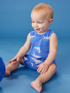 Tea Collection Pocket Tank Baby Romper- Stealthy Sharks